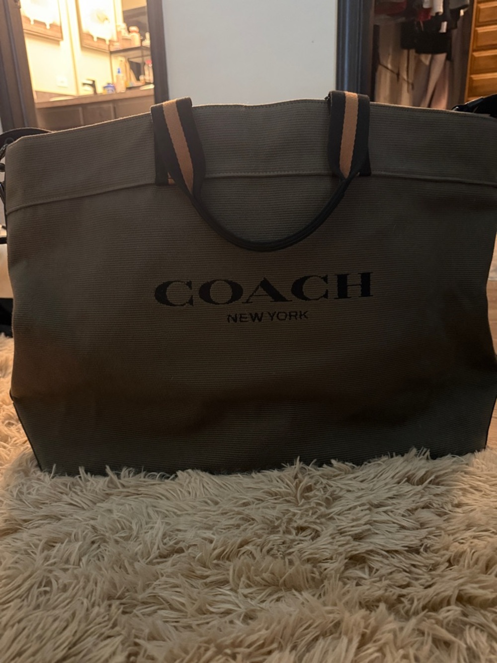 COACH Olive Green Canvas Tote with Black Logo and Tan-Accented Handles